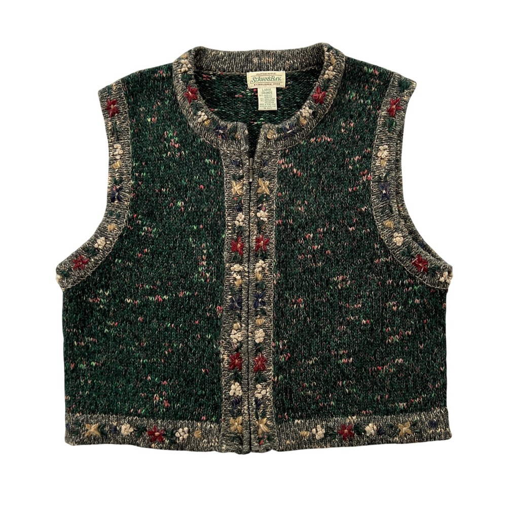 VTG 90s St Johns Bay Sweater Vest Women L Green Floral Embroidered Zip Cottage